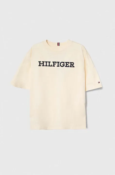 Detské bavlnené tričko Tommy Hilfiger béžová farba, s nášivkou