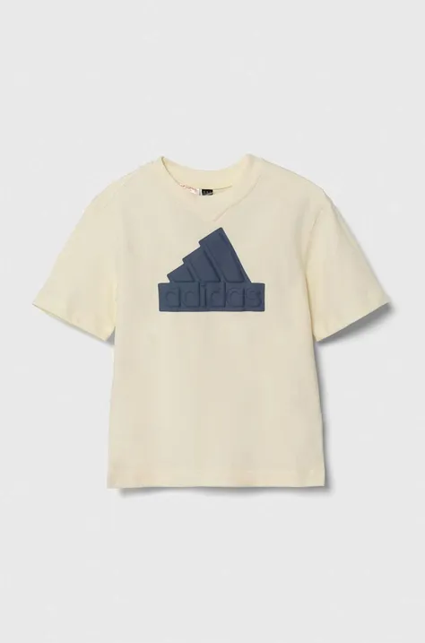 Detské bavlnené tričko adidas béžová farba, s potlačou