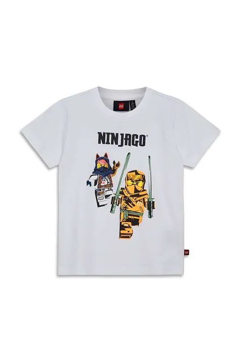 Детская хлопковая футболка Lego цвет белый с принтом