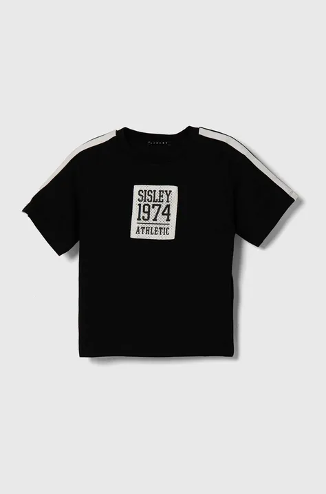 Детска памучна тениска Sisley в черно с апликация