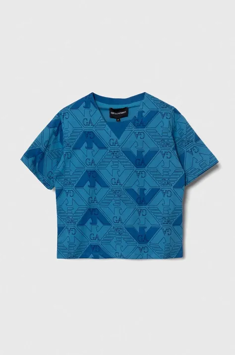 Детска памучна тениска Emporio Armani в синьо с десен