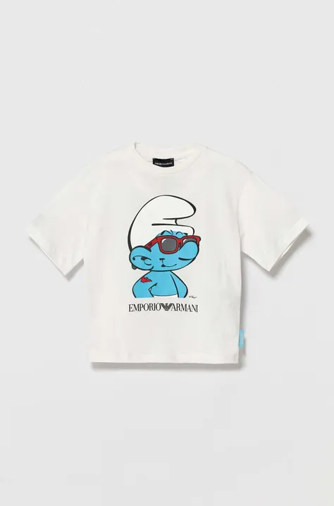 Дитяча бавовняна футболка Emporio Armani The Smurfs колір білий з принтом