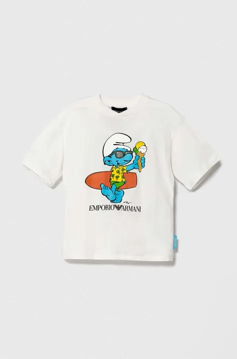 Emporio Armani gyerek pamut póló The Smurfs fehér, nyomott mintás