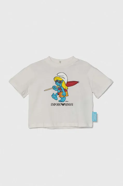 Бебешка памучна тениска Emporio Armani x The Smurfs в бяло с принт