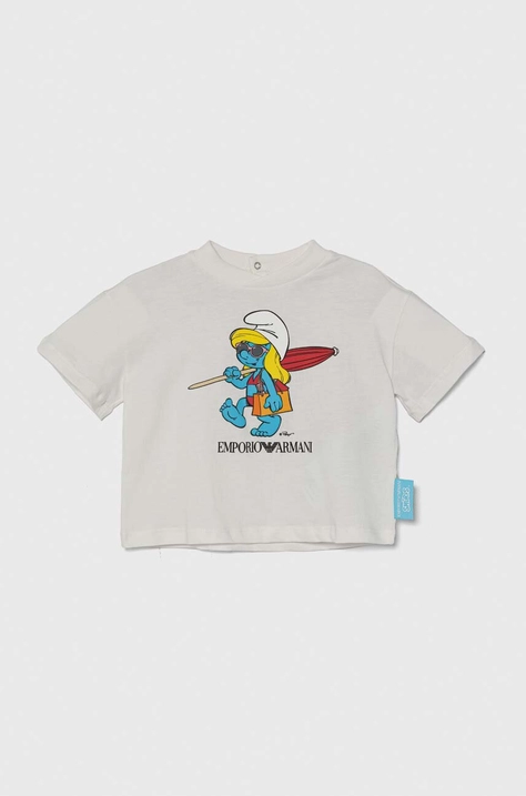 Detské bavlnené tričko Emporio Armani x The Smurfs biela farba, s potlačou