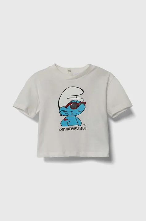 Emporio Armani tricou din bumbac pentru bebelusi x The Smurfs culoarea bej, cu imprimeu