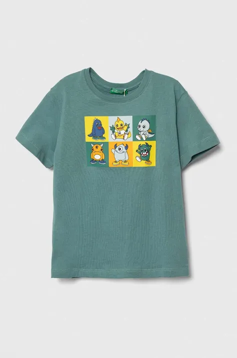 Dječja pamučna majica kratkih rukava United Colors of Benetton boja: zelena, s tiskom