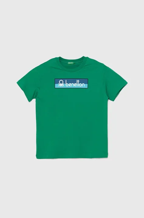 Детская хлопковая футболка United Colors of Benetton цвет зелёный с принтом