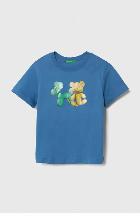United Colors of Benetton t-shirt bawełniany dziecięcy kolor niebieski z nadrukiem