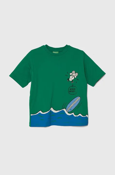 Дитяча бавовняна футболка United Colors of Benetton X Peanuts колір зелений з принтом
