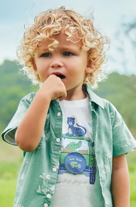 Бавовняна футболка для немовлят Mayoral колір бежевий з принтом