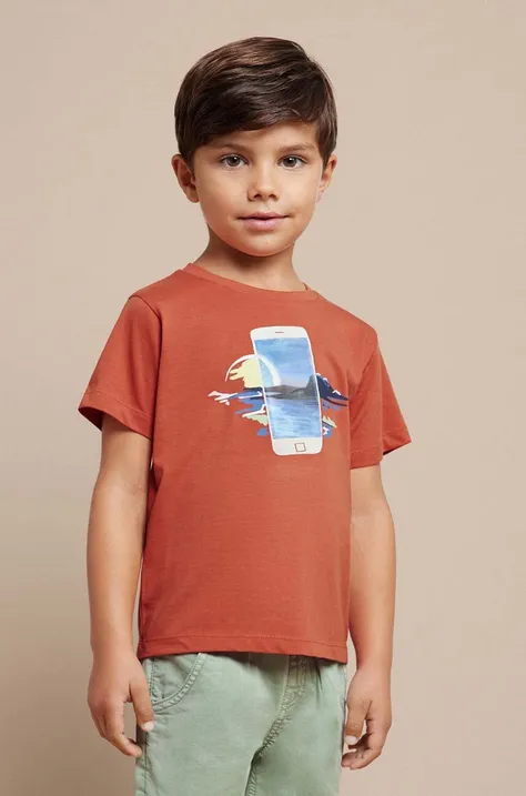 Дитяча бавовняна футболка Mayoral колір червоний з принтом