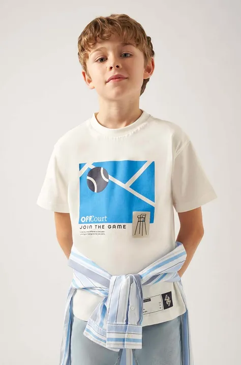Дитяча бавовняна футболка Mayoral колір бежевий з принтом