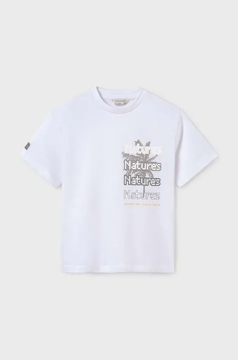 Дитяча бавовняна футболка Mayoral колір білий з принтом