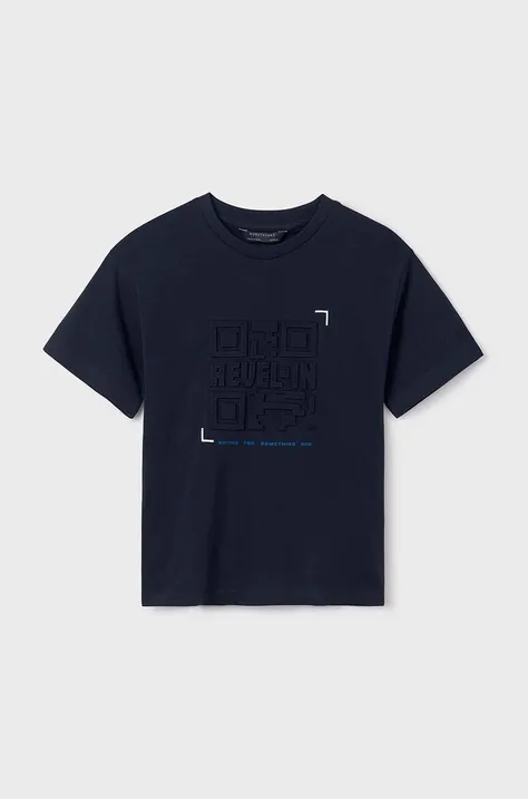 Детская хлопковая футболка Mayoral цвет синий с аппликацией