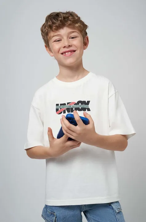 Дитяча бавовняна футболка Mayoral колір бежевий з принтом