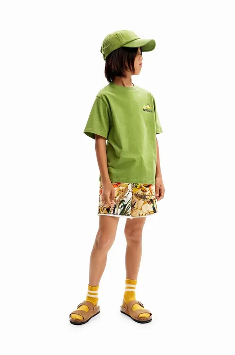 Детска памучна тениска Desigual в зелено с принт