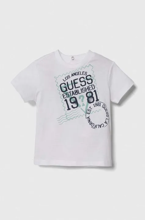 Бебешка памучна тениска Guess в бяло с принт