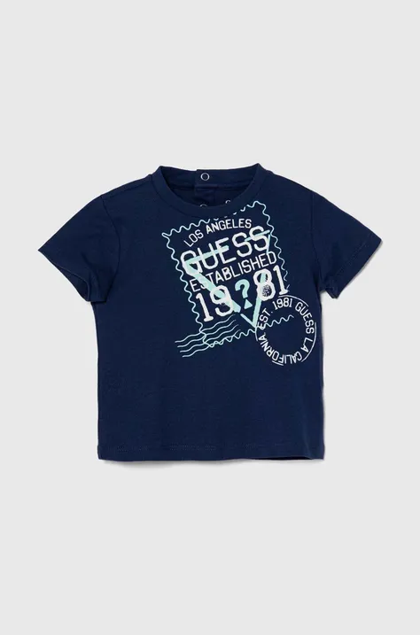 Μωρό βαμβακερό μπλουζάκι Guess χρώμα: ναυτικό μπλε