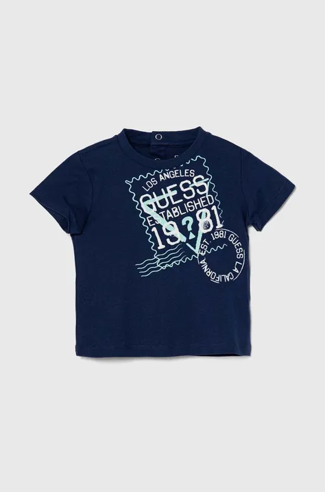 Guess t-shirt bawełniany niemowlęcy kolor granatowy z nadrukiem