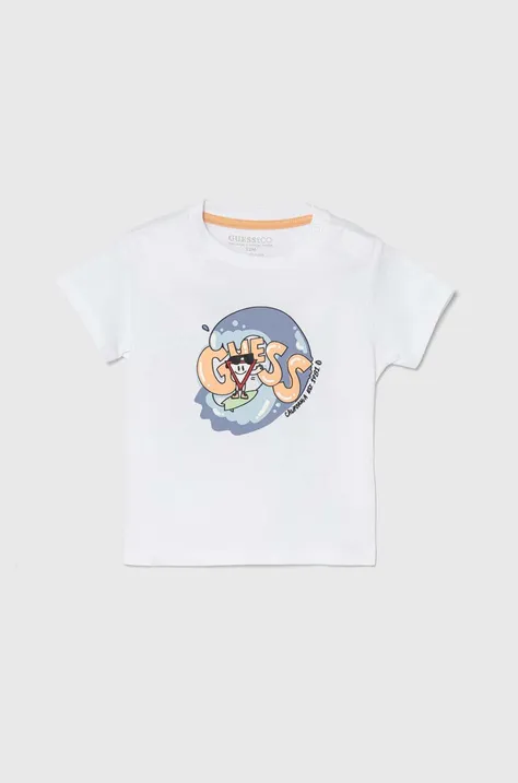 Бавовняна футболка для немовлят Guess колір білий з принтом