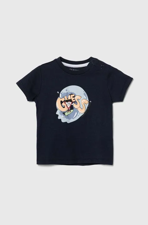 Бавовняна футболка для немовлят Guess колір синій з принтом