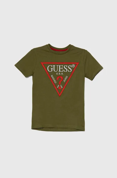Detské bavlnené tričko Guess zelená farba, s nášivkou