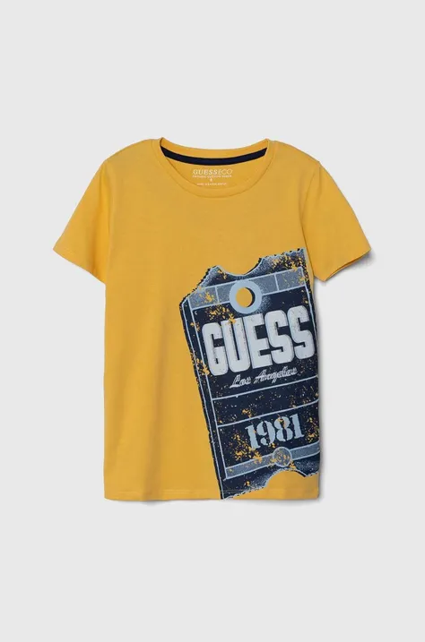 Детская хлопковая футболка Guess цвет жёлтый с принтом