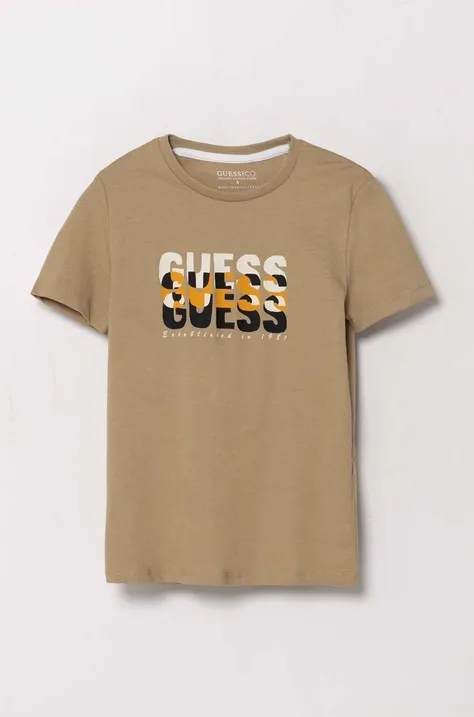 Dječja pamučna majica kratkih rukava Guess boja: bež, s tiskom