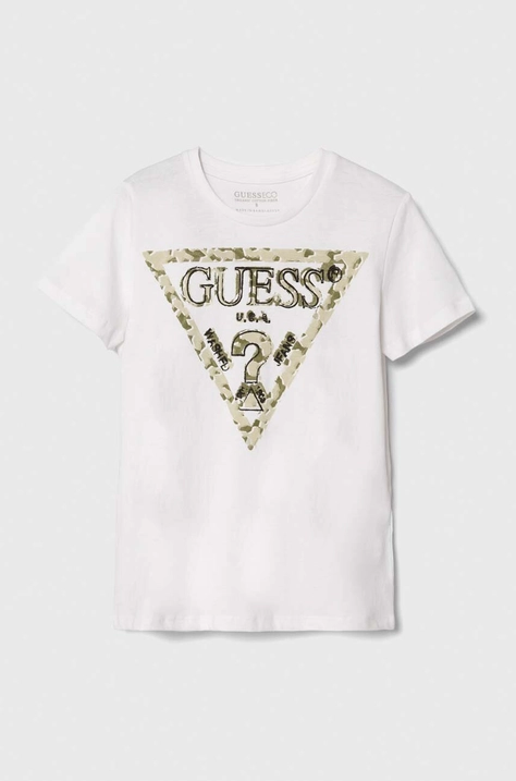 Детска памучна тениска Guess в бяло с принт