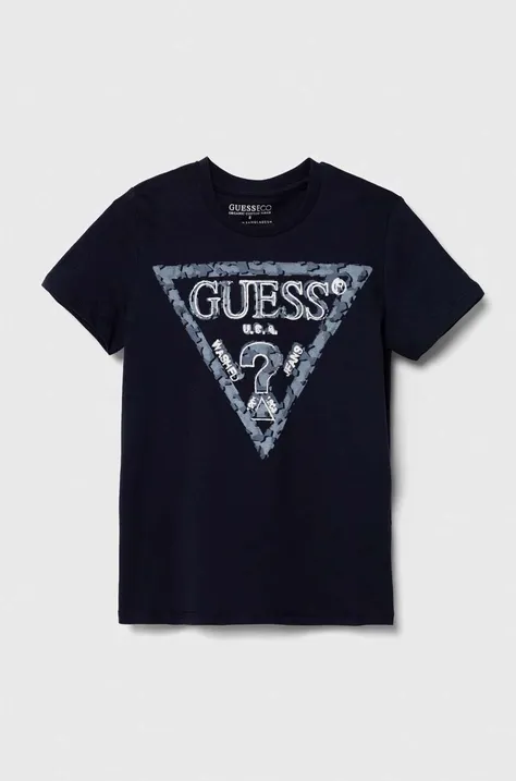 Детская хлопковая футболка Guess цвет синий с принтом