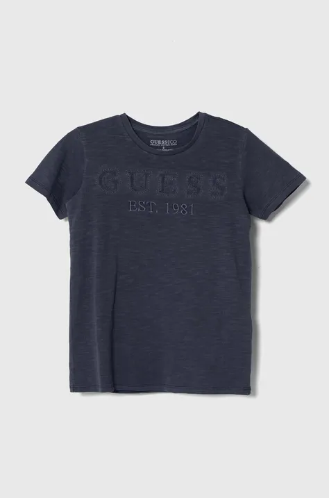 Детская хлопковая футболка Guess цвет фиолетовый с аппликацией