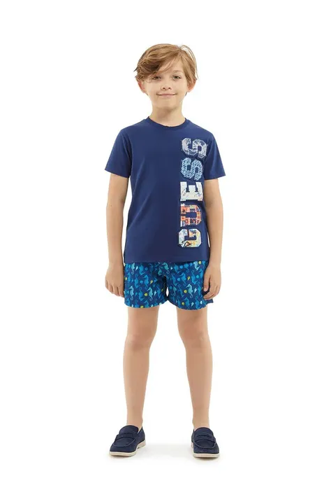 Детская хлопковая футболка Guess цвет синий с аппликацией