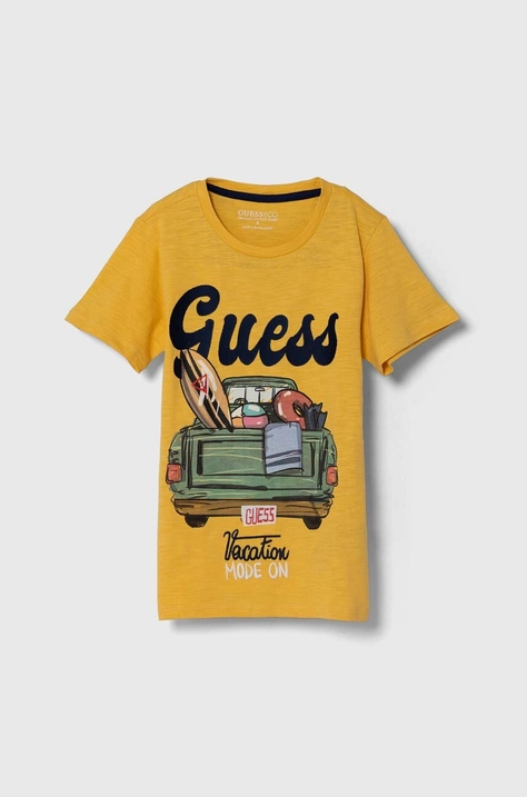 Детская хлопковая футболка Guess цвет жёлтый с принтом