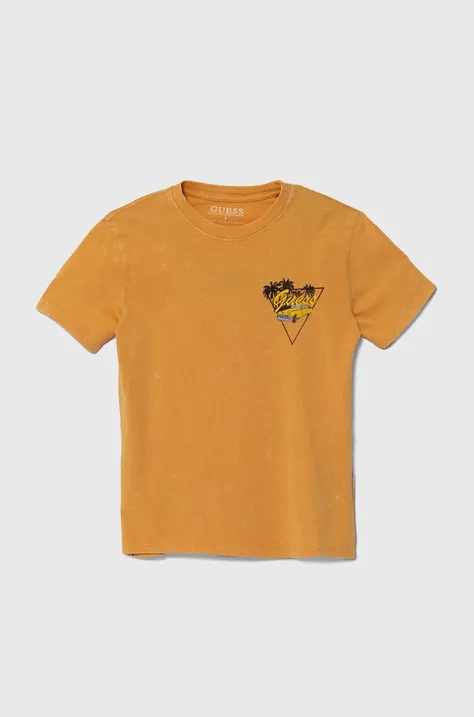 Детская хлопковая футболка Guess цвет оранжевый с принтом