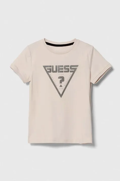 Dječja majica kratkih rukava Guess boja: bež, s tiskom