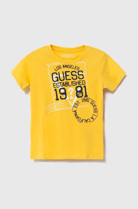 Bavlnené tričko Guess žltá farba, s potlačou