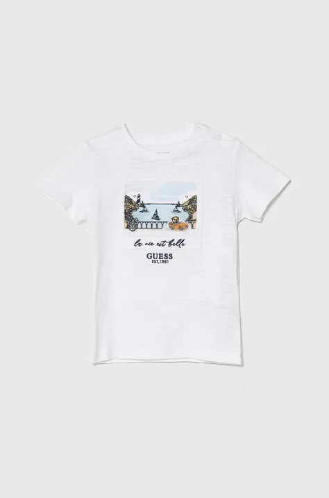 Детская хлопковая футболка Guess цвет белый с аппликацией