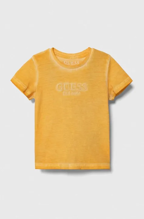 Детская хлопковая футболка Guess цвет оранжевый с аппликацией