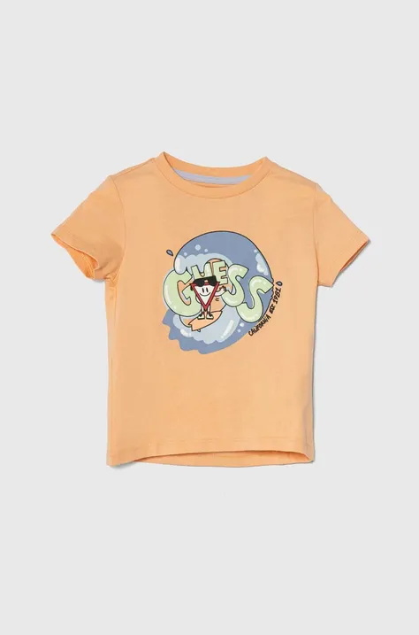 Детская хлопковая футболка Guess цвет оранжевый с принтом