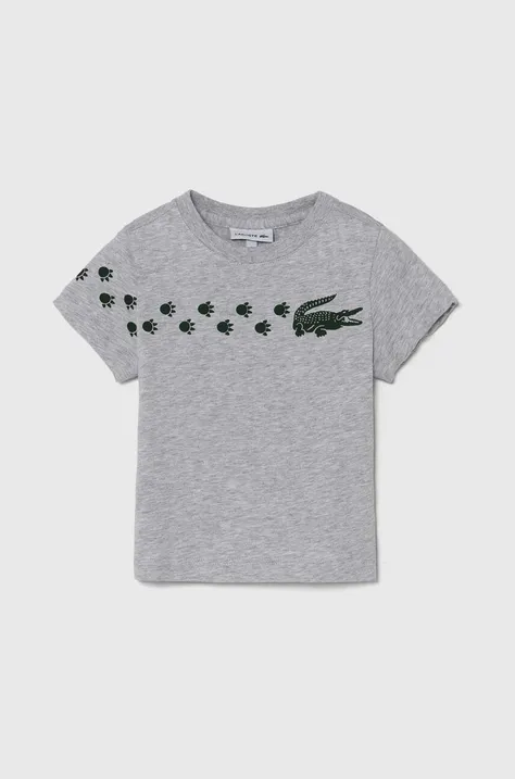 Детска памучна тениска Lacoste в сиво с принт