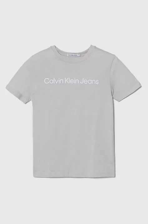 Detské bavlnené tričko Calvin Klein Jeans šedá farba, s potlačou