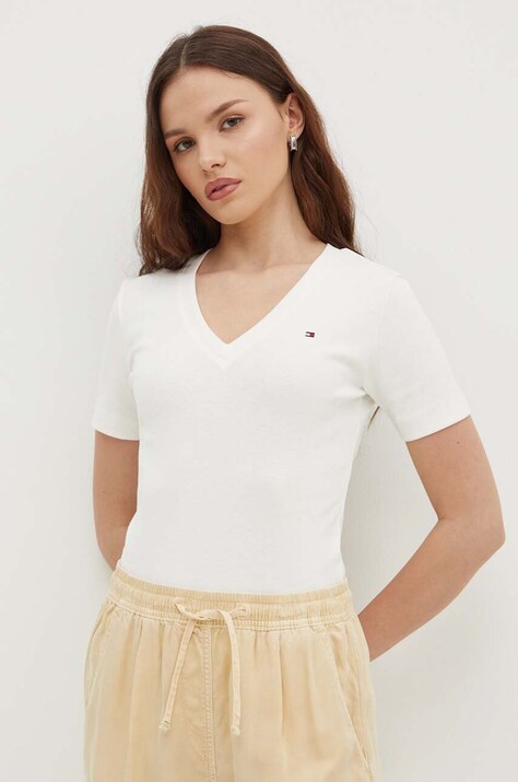 Tommy Hilfiger tricou din bumbac femei, culoarea bej, WW0WW40584