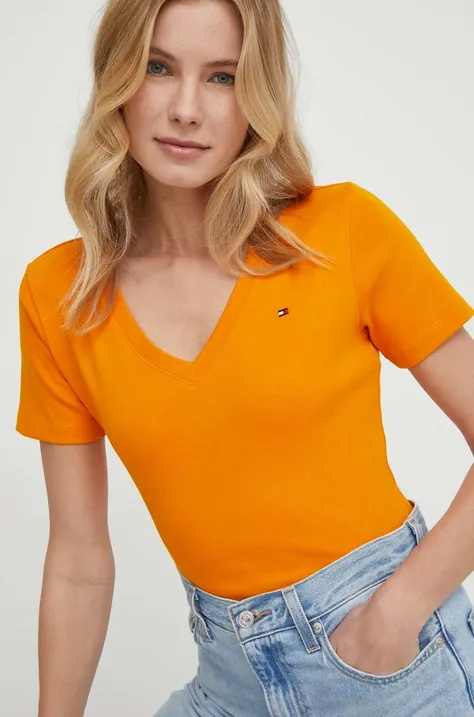 Bavlnené tričko Tommy Hilfiger dámsky,oranžová farba,WW0WW40584
