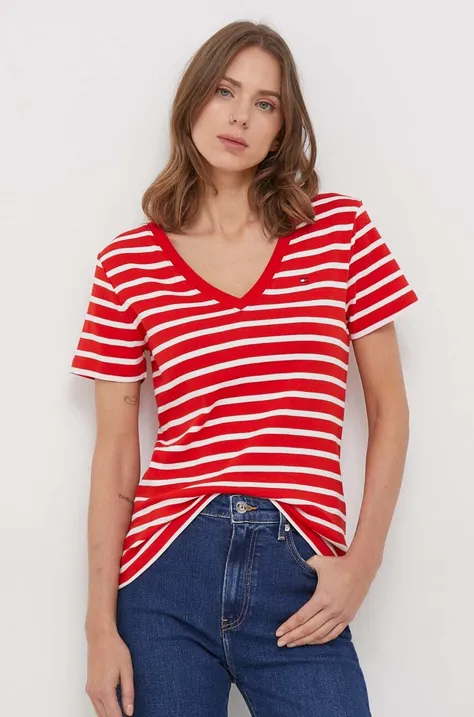 Bavlnené tričko Tommy Hilfiger dámsky,červená farba,WW0WW40584