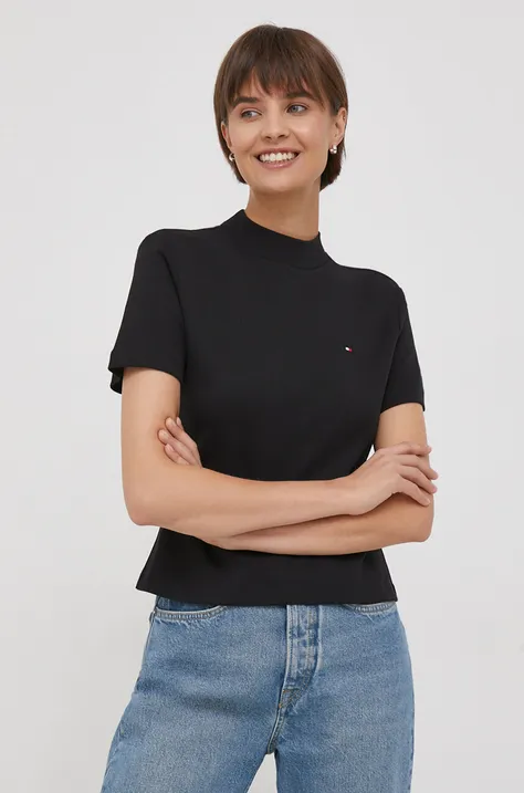 Βαμβακερό μπλουζάκι Tommy Hilfiger γυναικεία, χρώμα: μαύρο