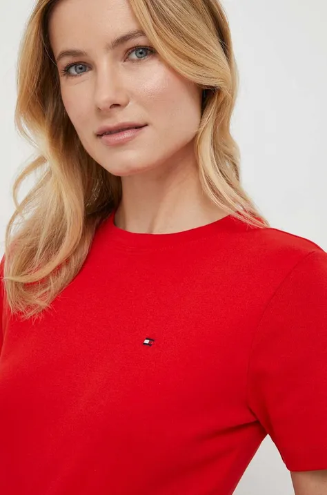 Bombažna kratka majica Tommy Hilfiger ženski, rdeča barva