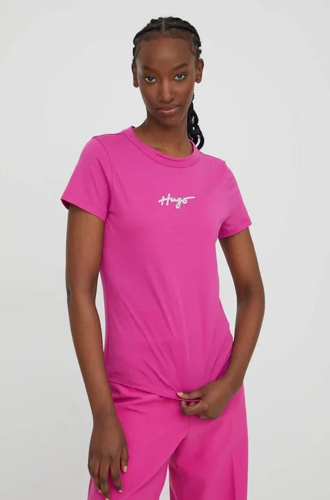 Βαμβακερό μπλουζάκι HUGO γυναικεία, χρώμα: ροζ