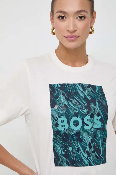 Bavlnené tričko BOSS dámsky, béžová farba, 50517678