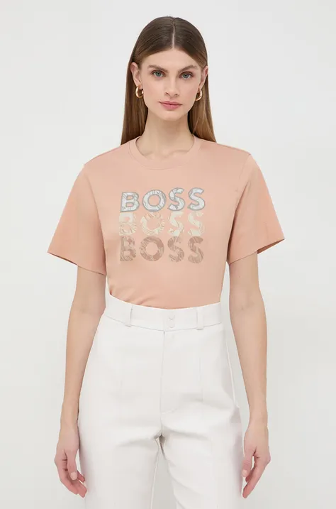 Βαμβακερό μπλουζάκι BOSS γυναικεία, χρώμα: μπεζ